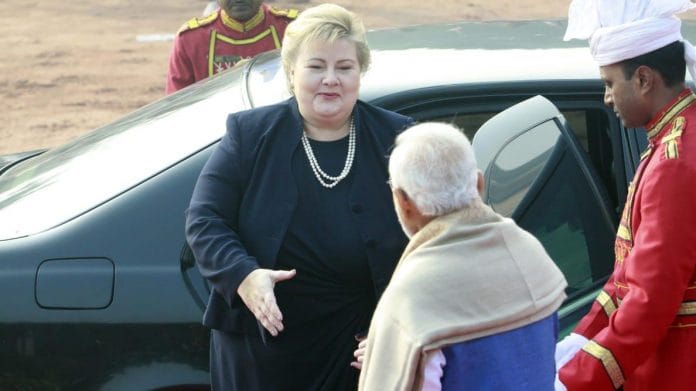 Norwegian Prime Minister Erna Solberg greets her counterpart Narendra Modi | Praveen Jain/ThePrint