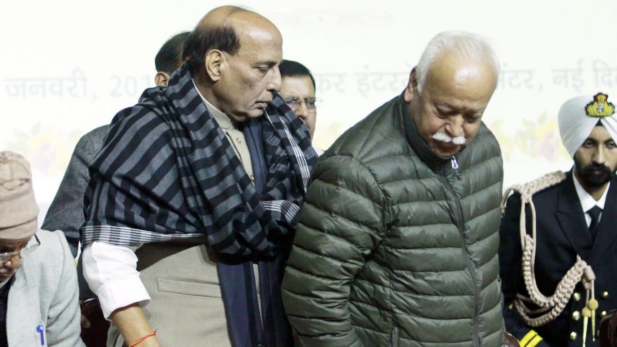 RSS Chief Mohan Bhagwat and Home Minister Rajnath Singh at an event in New Delhi | Praveen Jain/ThePrint