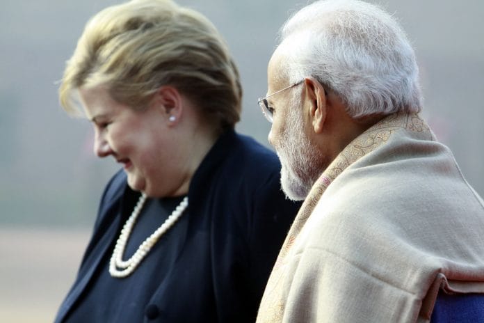 Prime Minister Narendra Modi in conversation Norwegian PM Erna Solberg during the ceremonial reception at Rashtrapati Bhavan in New Delhi | Praveen Jain/The Print