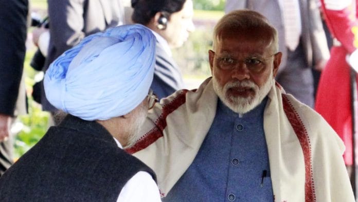Prime Minister Narendra Modi with former PM Manmohan Singh at the event | Praveen Jain/ThePrint