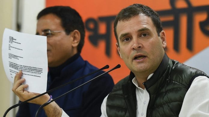 Congress President Rahul Gandhi addresses a press conference at AICC office