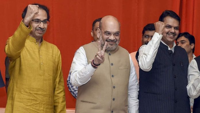 BJP president Amit Shah with Shiv Sena chief Uddhav Thackeray and Maharashtra Chief Minister Devendra Fadnavis | File photo: Shirish Shete | PTI
