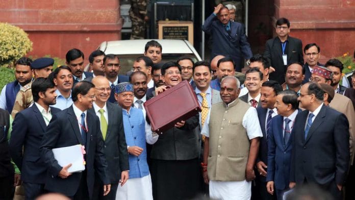 Finance minister Piyush Goyal before the interim budget presentation outside Parliament