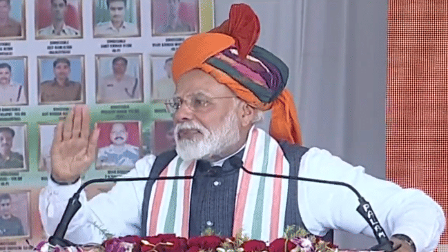PM Narendra Modi at a rally in Churu, Rajasthan | @BJP4India/Twitter