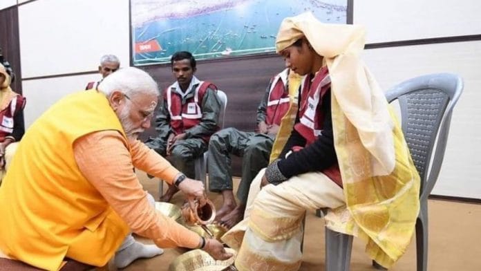 File photo of Prime Minister Narendra Modi washing the feet of sanitation workers during Prayagraj Kumbh Mela 2019 | Instagram @NarendraModi