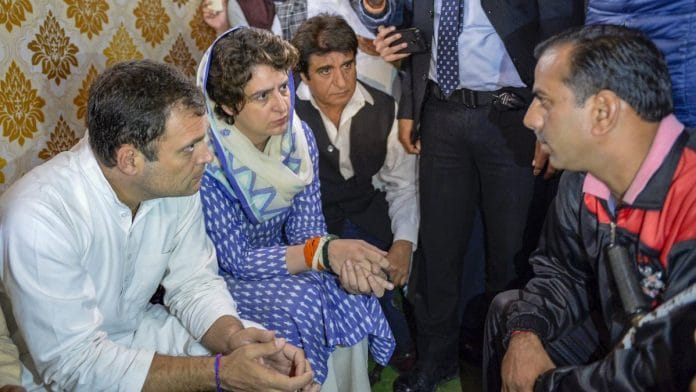 Congress president Rahul Gandhi, Priyanka Gandhi Vadra and party's UP unit chief Raj Babbar meet family members of the slain CRPF jawan Pradeep Kumar | PTI