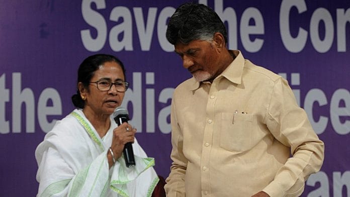 Chandrababu Naidu shares the stage with Banerjee at the dharna | Ashok Nath Dey/ThePrint