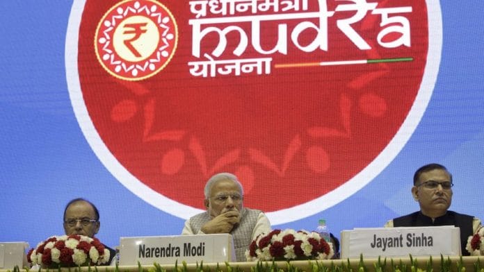 Arun Jaitley, Narendra Modi and Jayant Sinha at the launch of Micro Units Development and Refinance Agency Bank in New Delhi | PTI