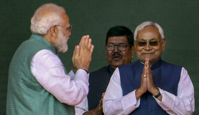 File photo of Prime Minister Narendra Modi with Bihar Chief Minister Nitish Kumar during Sankalp Rally at Gandhi Maidan in Patna | PTI
