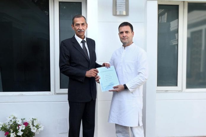 Lt. General (Retd.) Deepender Singh Hooda handing over report to Congress President Rahul Gandhi