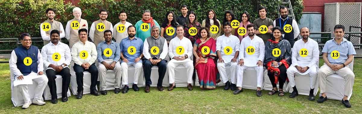 The team of researchers; From left- 1. Ved Prakash 2. Vijay Chandra 3. Prem Bahukhandi 4. Ragghu Dodderi 5. Amol Deshmukh 6. Rajeev Gowda 7. Congress chief Rahul Gandhi 8. Leni Jadhav 9. Harshvardhan Shyam 10. Aamer Jaaved 11. Kanksshi Agarwal 12. Amit Sihag 13. Amitabh Dube Upper row from left: 14. Angad Kapoor 15. Ayush 16. Varat Pandey 17. Akash Satyawali 18. Gaurav Kapoor 19. Pooja Bhari 20. Nur Laiq 21. Saumya Varma 22. Tarana Rao 23. Manisha Shastri 24. Siddharth Jain 25. Varun Santosh