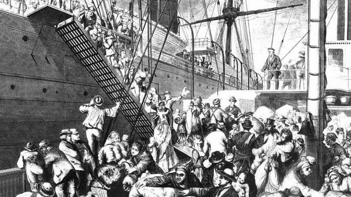 German emigrants boarding a steamer in Hamburg, Germany to go to US