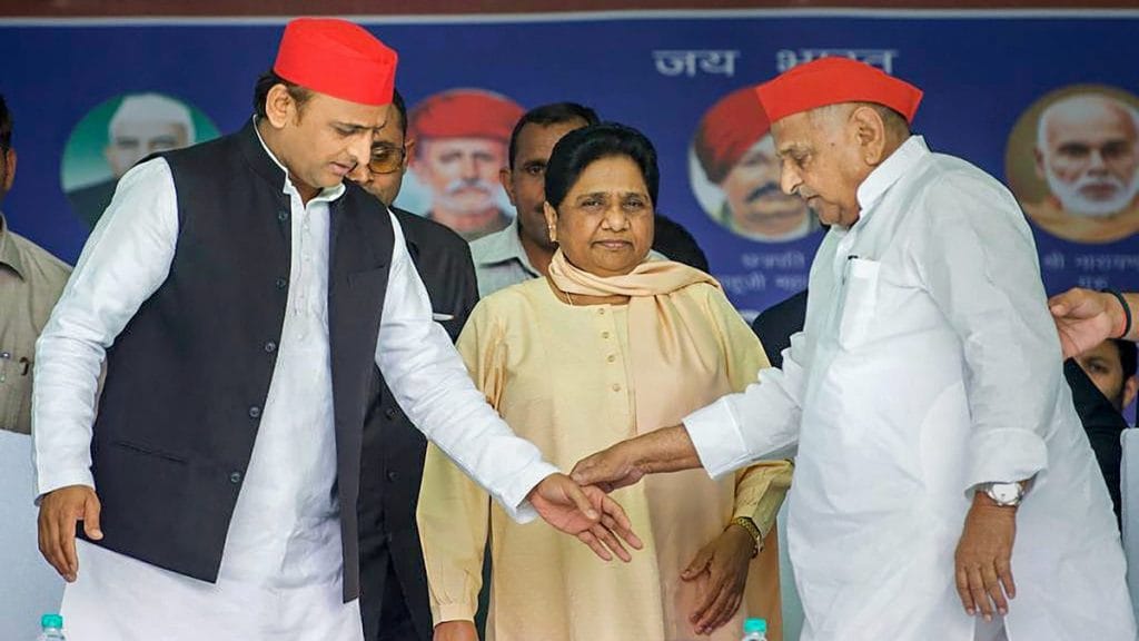 Mainpuri: Samajwadi Party patron Mulayam Singh Yadav, his son and party President Akhilesh Yadav and Bahujan Samaj Party supremo Mayawati during their joint election campaign rally in Mainpuri, Friday,