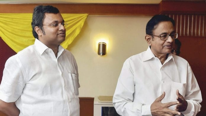 File photo of former finance minister P Chidambaram with his son Karti P Chidambaram | PTI