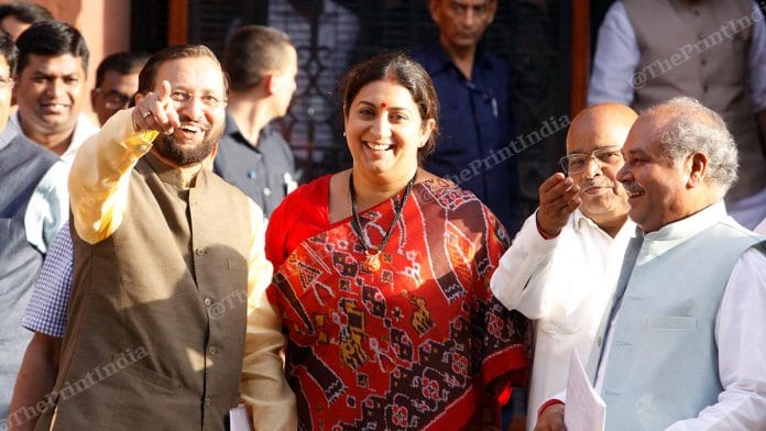 BJP leaders Prakash Javadekar (left), Smriti Irani (centre) Thawar Chand Gehlot and Narendra Singh Tomar (exrtreme right) outside PMO | Photo: Praveen Jain | ThePrint