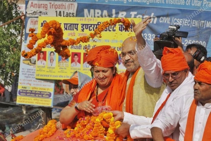 Amit Shah accompanies Smriti Irani on a roadshow in Amethi on 4 May, 2019 | Praveen Jain | ThePrint Photo