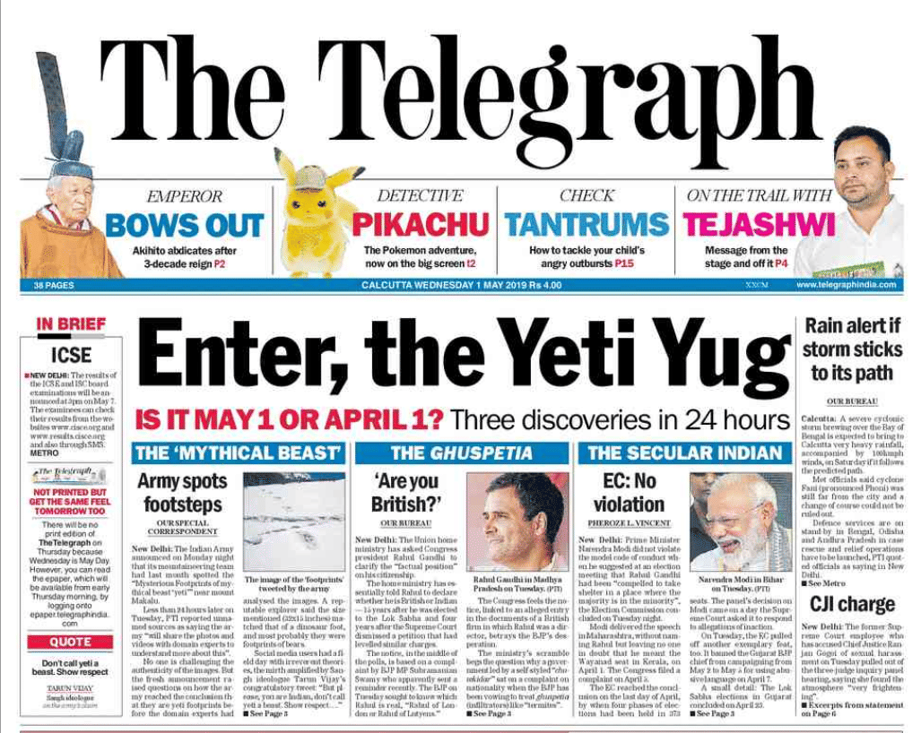 The Telegraph's front page on May 1 2019