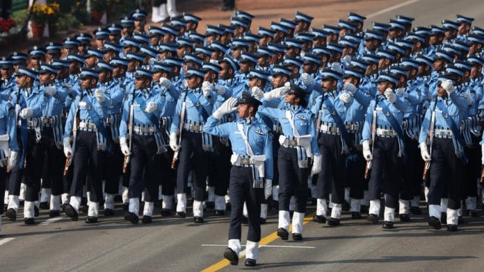 An Indian Air Force contingent marches along the Rajpath during the Republic Day parade in New Delhi