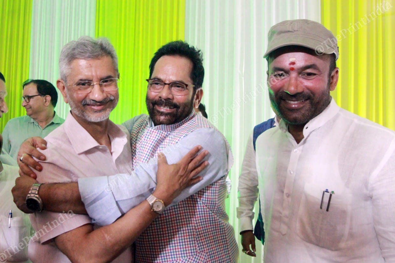 External affairs minister S. Jaishankar is greeted by MP Mukhtar Abbas Naqvi and G. Kishan Reddy | Photo: Praveen Jain | ThePrint