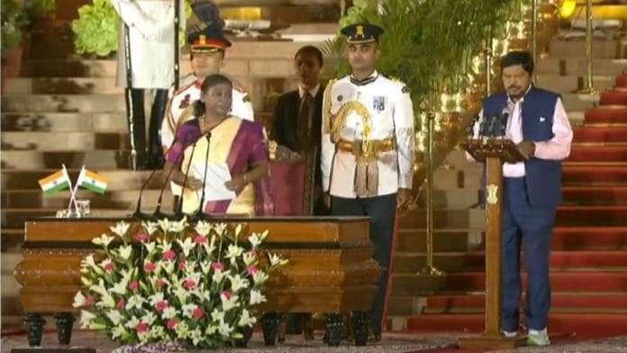 RPI chief Ramdas Athawale takes oath as minister of state at the Rashtrapati Bhavan in New Delhi Sunday | Source: YouTube/DD India