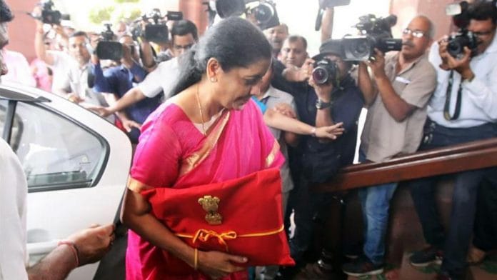 Finance Minister Nirmala Sitharaman arrives at the Parliament to present the 2019 Budget. | Photo: Suraj Singh Bisht | ThePrint