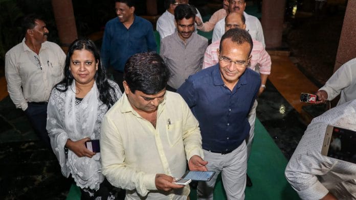 10 of 15 Congress members in the 40-member Goa Assembly arrive to meet Speaker Rajesh Patnekar, in Panaji