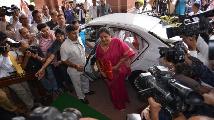 Finance Minister Nirmala Sitharaman arriving at the Parliament to deliver her maiden budget speech