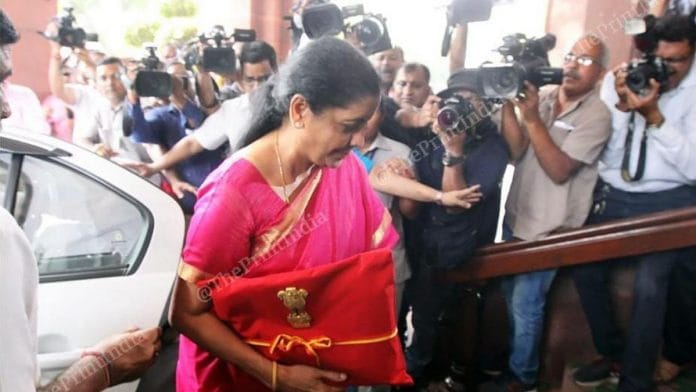 Finance Minister Nirmala Sitharaman arrives at the Parliament to present the 2019 Budget. | Photo: Suraj Singh Bisht | ThePrint