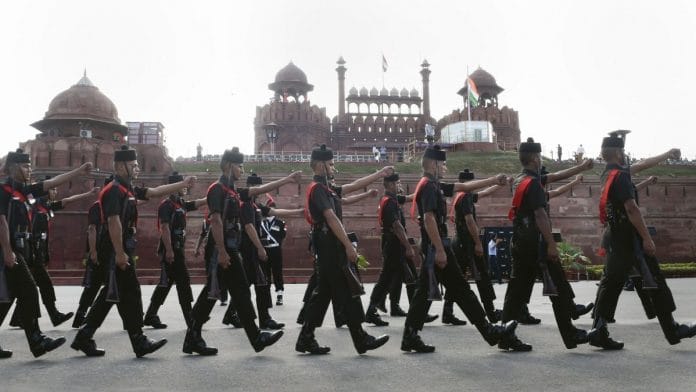 Army soldiers march during rehearsals for the 73rd Independence Day celebrations at the Red Fort, in New Delhi | PTI