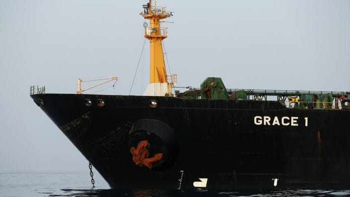 Iranian crude oil tanker, Grace 1 sits anchored off the coast of Gibraltar on July 20