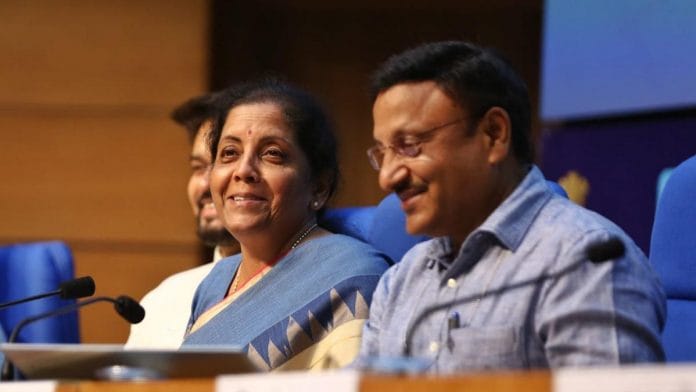 Union Finance minister Nirmala Sitharaman and finance secretary Rajiv Kumar during a press conference in New Delhi.