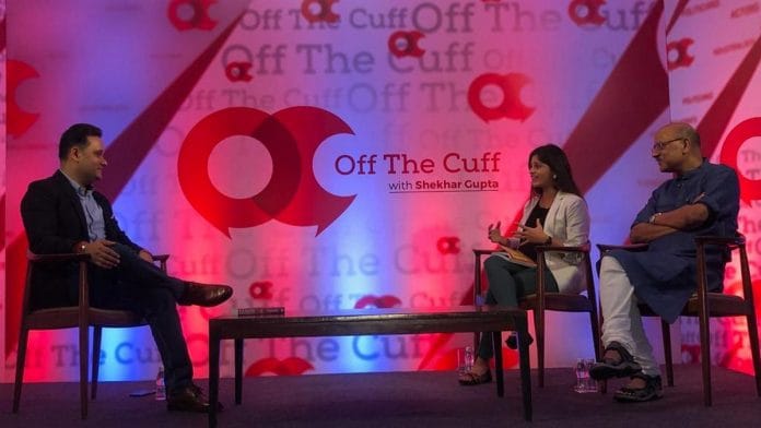 Author Amish Tripathi with Shekhar Gupta and Manasi Phadke at ThePrint's Off The Cuff in Mumbai