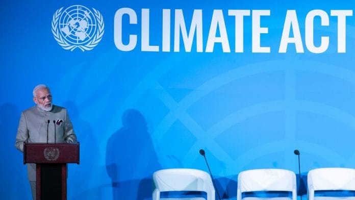 File photo: PM Narendra Modi speaks during the United Nations Climate Action Summit in New York, US| Photo: Jeenah Moon | Bloomberg