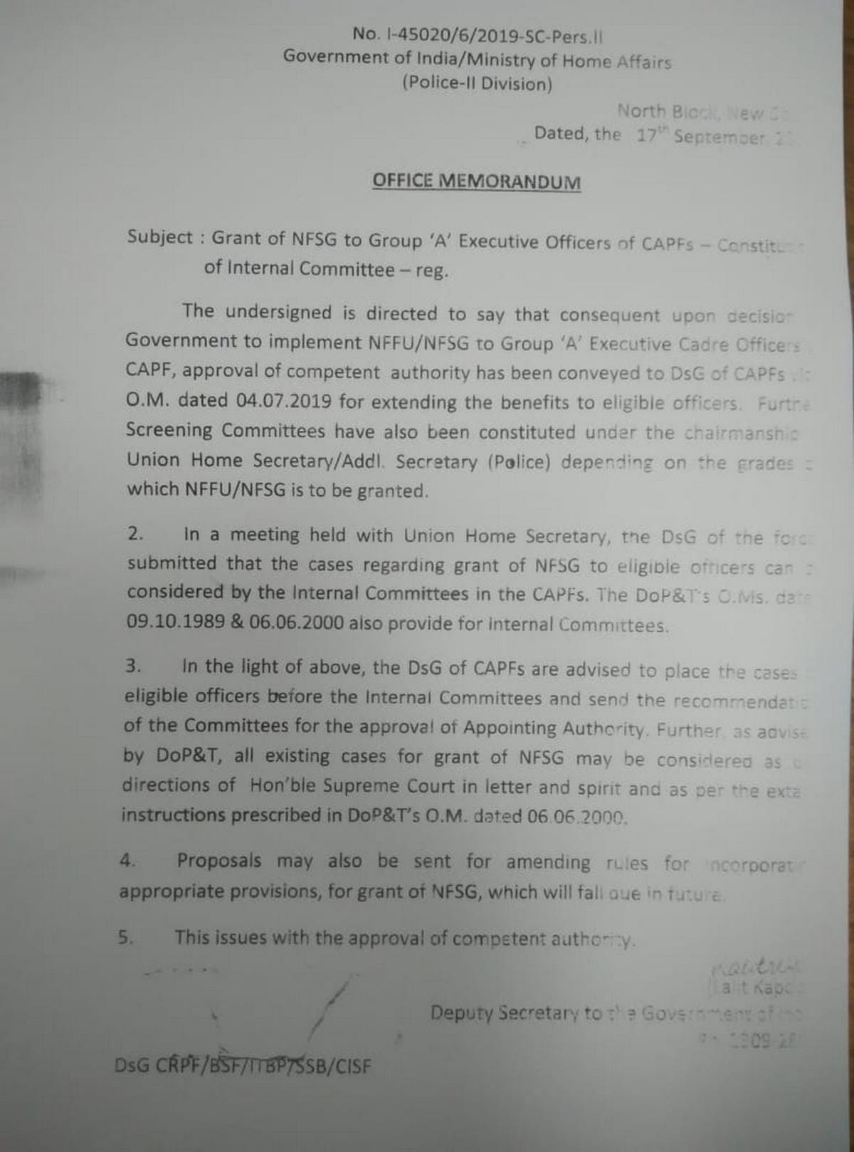 Home ministry office memorandum