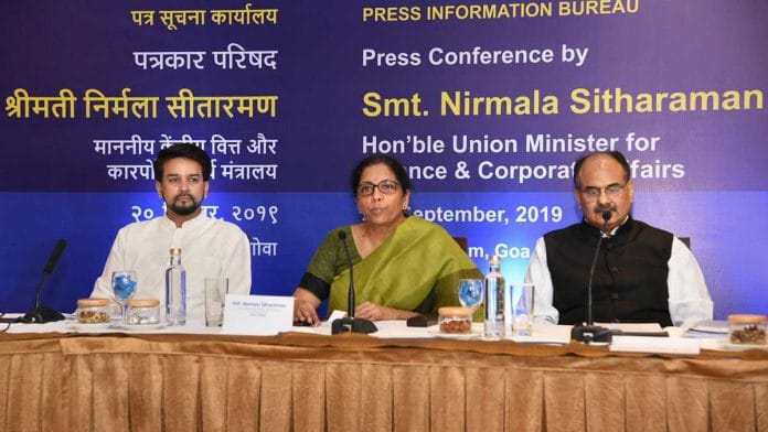Finance Minister Nirmala Sitharaman addresses a press conference ahead of the 37th meeting of the GST Council, in Panaji, on 20 September 2019. MoS Finance Anurag Thakur and Revenue Secretary Ajay Bhushan Pandey are also seen | PTI
