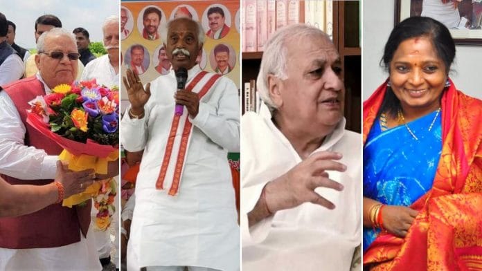 (L-R) Newly appointed state governors Kalraj Mishra, Bandaru Dattatreya, Arif Mohammad Khan, Dr Tamilisai Soundararajan
