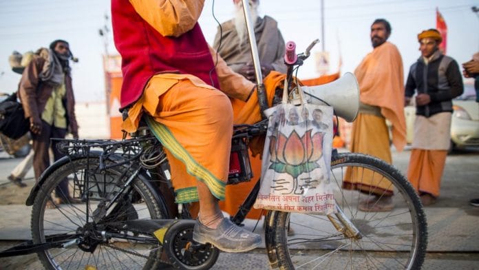 Representational image | A man making political speeches during the Kumbh Mela in Prayagraj, Uttar Pradesh | Photo: Prashanth Vishwanathan | Bloomberg