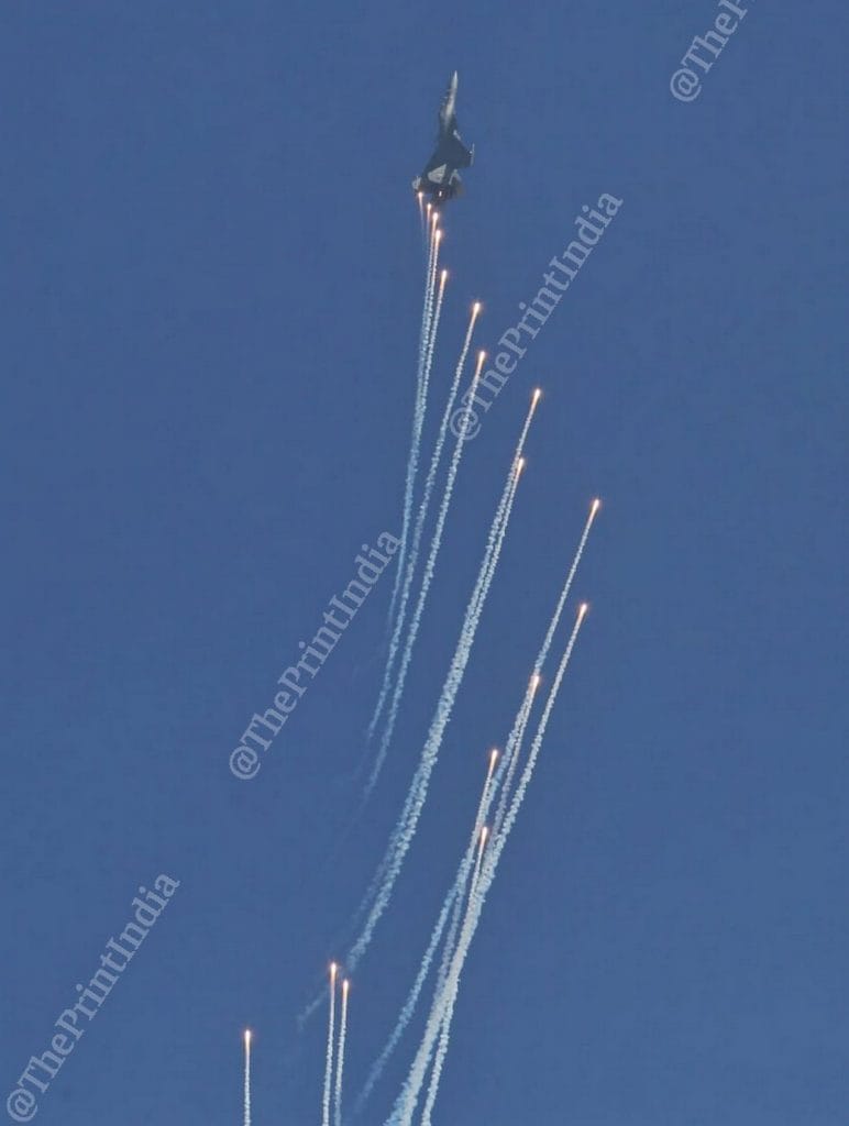 An Indian Air Force aircraft carries out a manoeuvre during the Air Force Day celebration at Hindon | Photo: Suraj Singh Bisht | ThePrint 