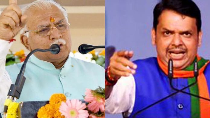 BJP chief minister in Haryana Manohar Lal Khattar (L) and the party CM in Maharashtra Devendra Fadnavis.