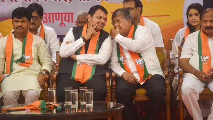 Former Maharashtra CM Devendra Fadnavis and state BJP president Chandrakant Patil with other leaders | Representational file image: PTI