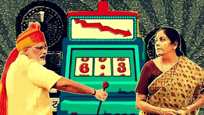 An illustration of PM Narendra Modi and Finance Minister Nirmala Sitharaman by Arindam Mukherjee | ThePrint