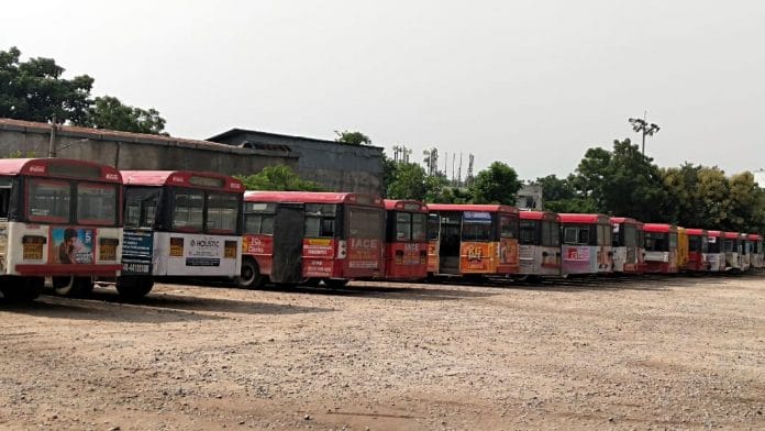 Buses stand at as TSRTC employees are on an indefinite strike demanding fulfilment of various demands including RTC merger with the Government, in Hyderabad on Saturday | ANIPix