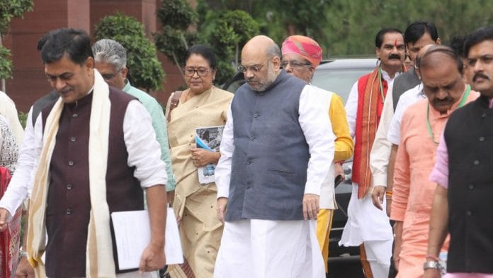 Home Minister Amit Shah with BJP MPs after a parliamentary meeting | Photo: Praveen Jain | ThePrint