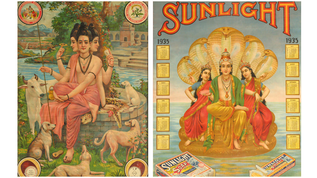 Raja Ravi Varma's paintings used for the British Alizarine Company Ltd (left) and Sunlight Soap's calendar poster of 1935