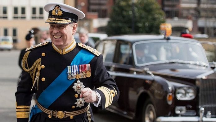 Prince Andrew, Duke of York arrives for a reception at the Honourable Artillery Company following the Afghanistan service of commemoration at St Paul's Cathedral | Getty image via Bloomberg