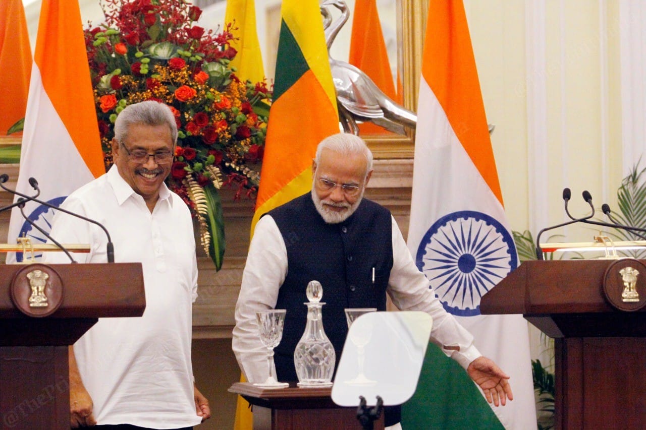 Gotabaya Rajapaksa (left) and Narendra Modi (right) leave after giving a joint statement at Hyderabad House