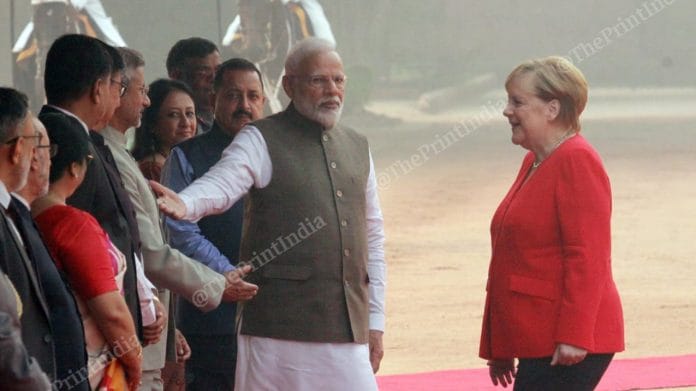 PM Narendra Modi introducing S. Jaishankar to Angela Merkel | Photo: Praveen Jain | ThePrint