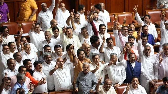 File photo of BJP MLAs in Vidhana Soudha. Altogether, six of the politicians caught in the scandal belong to the BJP and two to the Congress, say police. | Twitter: @BJP4Karnataka