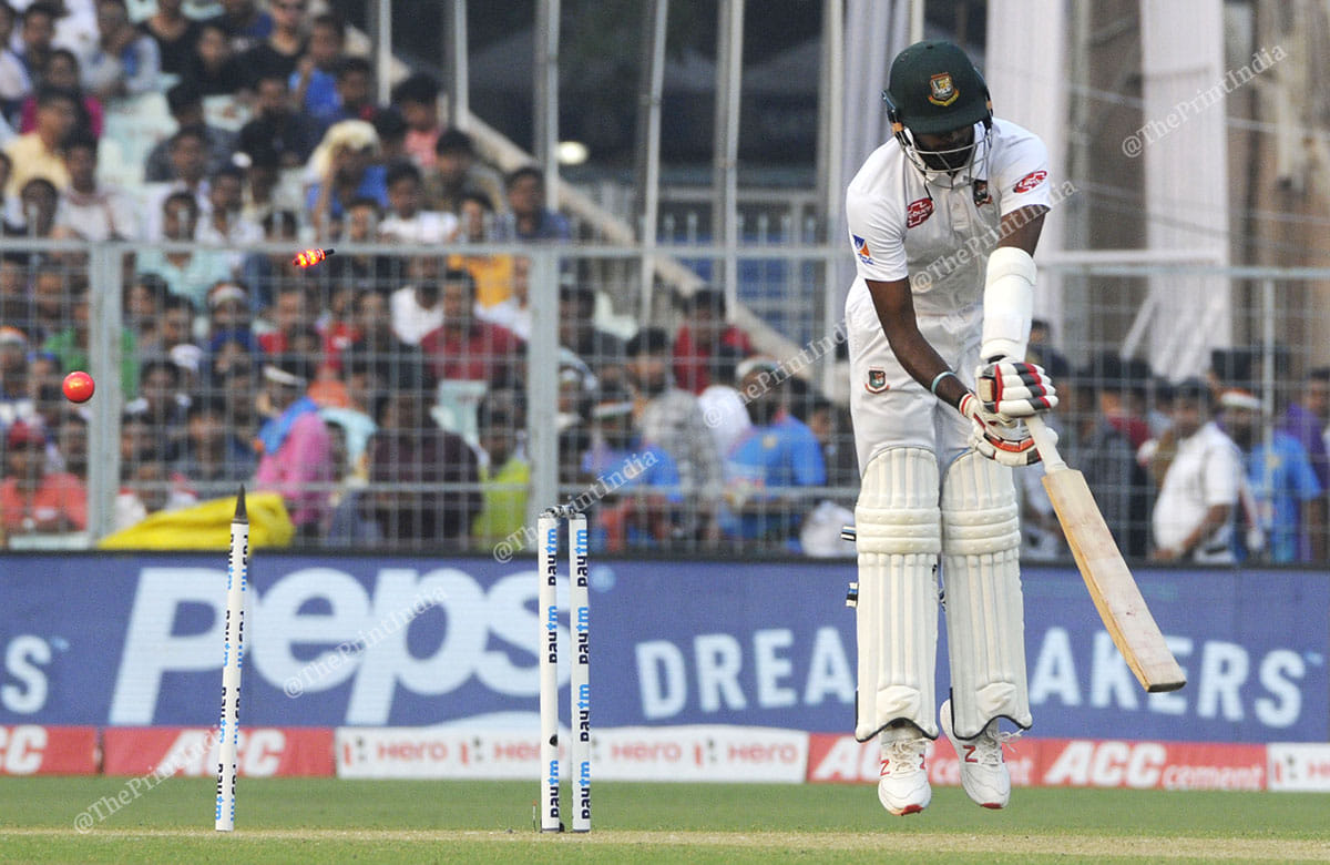 Ishant Sharma castles Ebadat Hossain. Indian pacers scalped all the 10 Bangladeshi wickets in the first innings. | Photo: Ashok Nath Dey | ThePrint