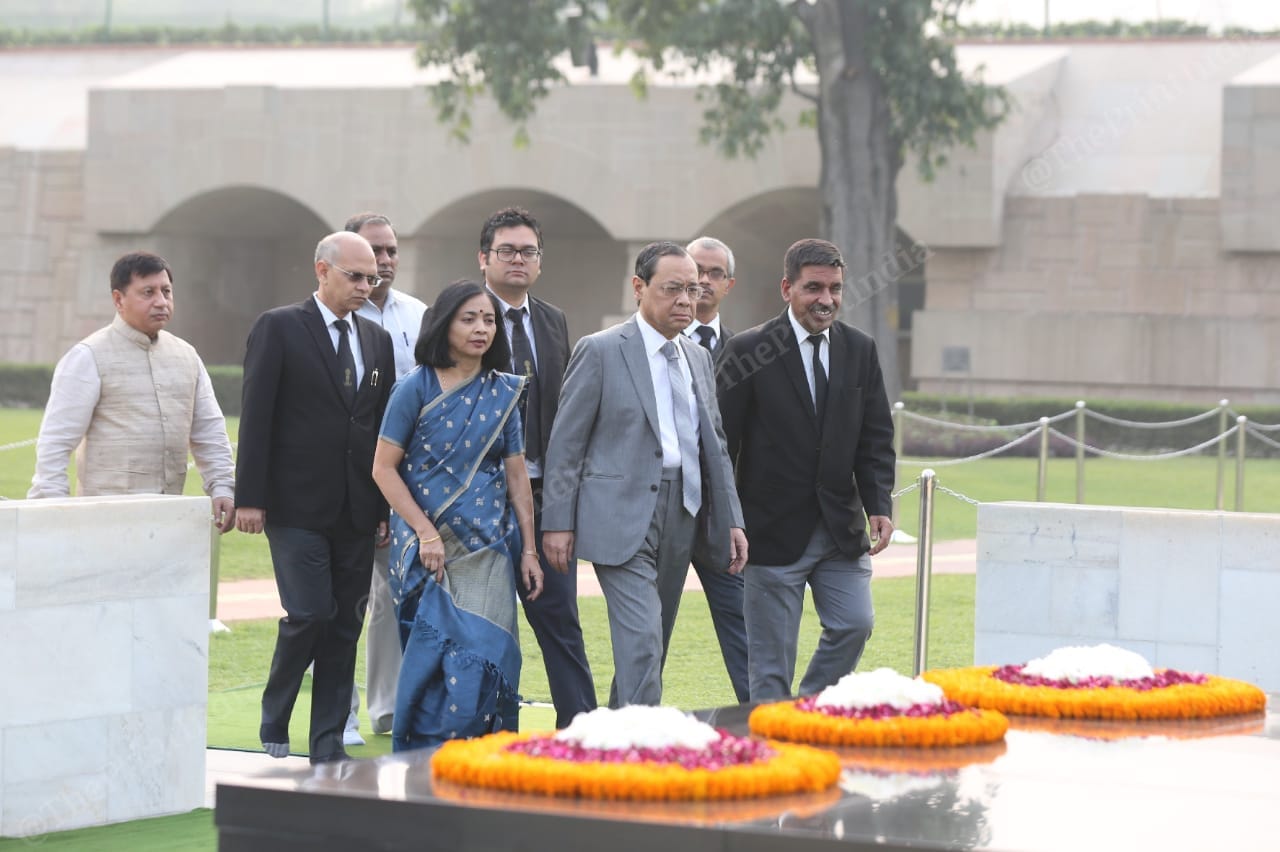 Outgoing CJI Ranjan Gogoi arrives at Raj Ghat with wife Rupanjali Gogoi on 15 November | Photo: Praveen Jain | ThePrint